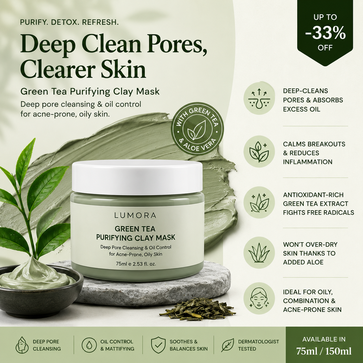 Lumora Green Tea Purifying Clay Mask – Deep Pore Cleansing & Oil Control for Acne-Prone, Oily Skin (75ml) Lumora Green Tea Purifying Clay Mask – Deep Pore Cleansing & Oil Control for Acne-Prone, Oily Skin (75ml) - Image 1